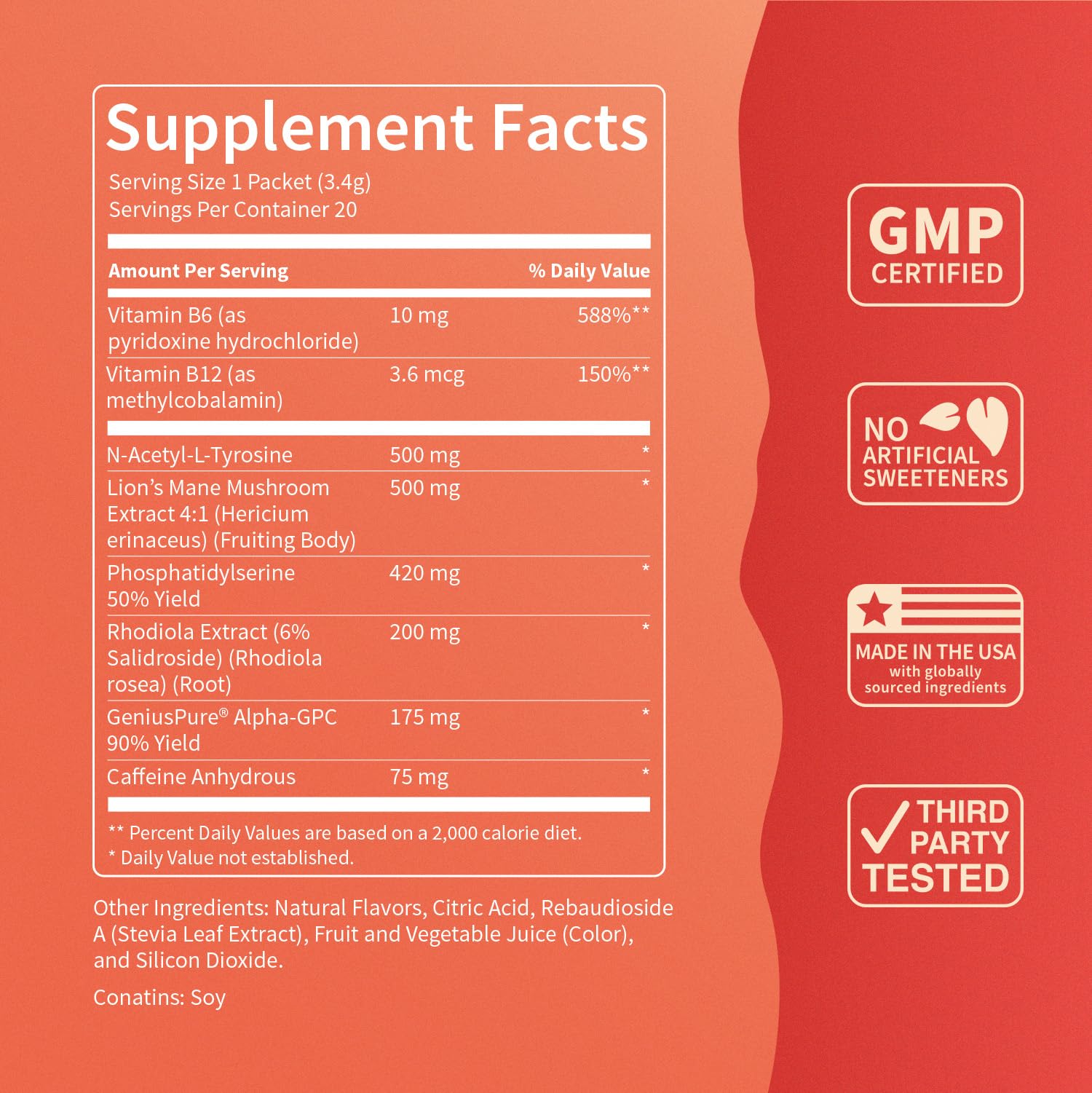 Ingredients highlight: Alpha GPC, Lion's Mane, Rhodiola Rosea, N-Acetyl L-Tyrosine