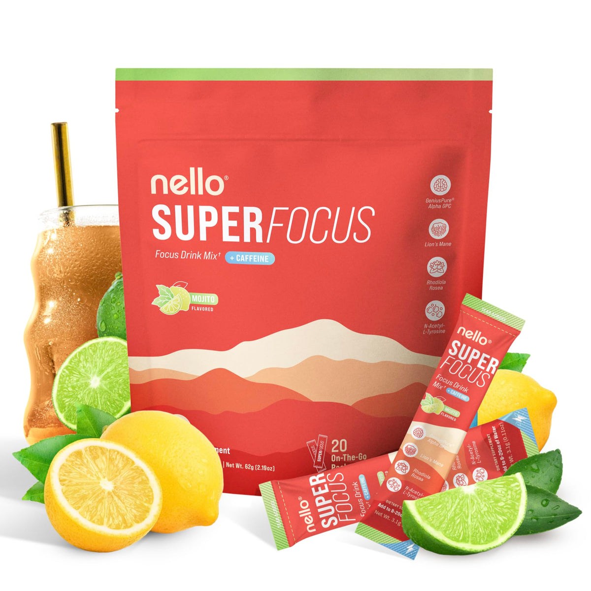 Nello SuperFocus Mojito sugar-free drink mix box with packets