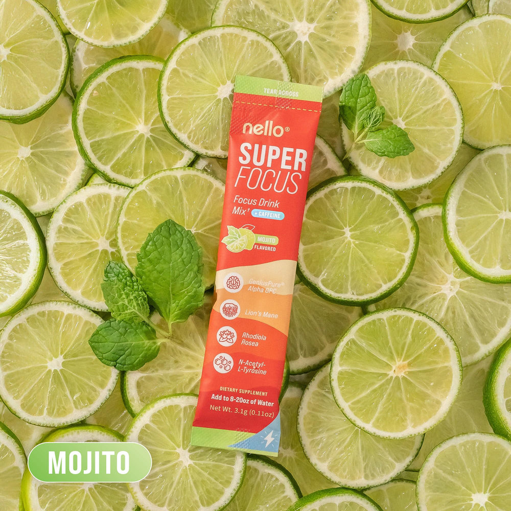 Nello SuperFocus Mojito ingredients: Alpha GPC, Lion's Mane, Rhodiola