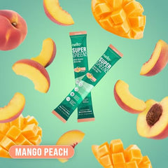 Nello Supergreens canister front label showing Mango Peach flavor