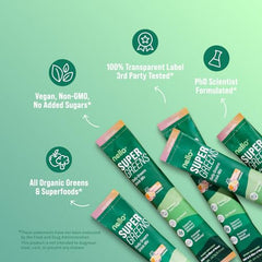 Greens powder showing chlorella, moringa, spinach and broccoli
