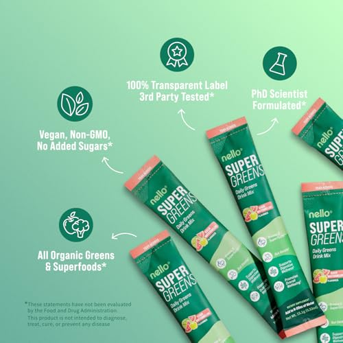 Nello Supergreens ingredients: chlorella, moringa, spinach, broccoli