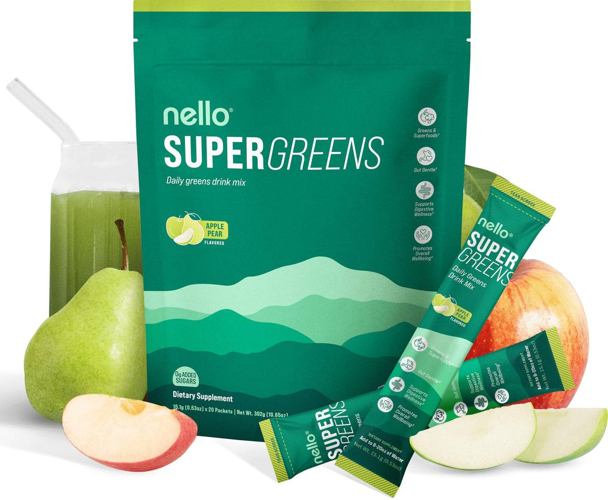 Front packaging image for Nello Supergreens Apple Pear