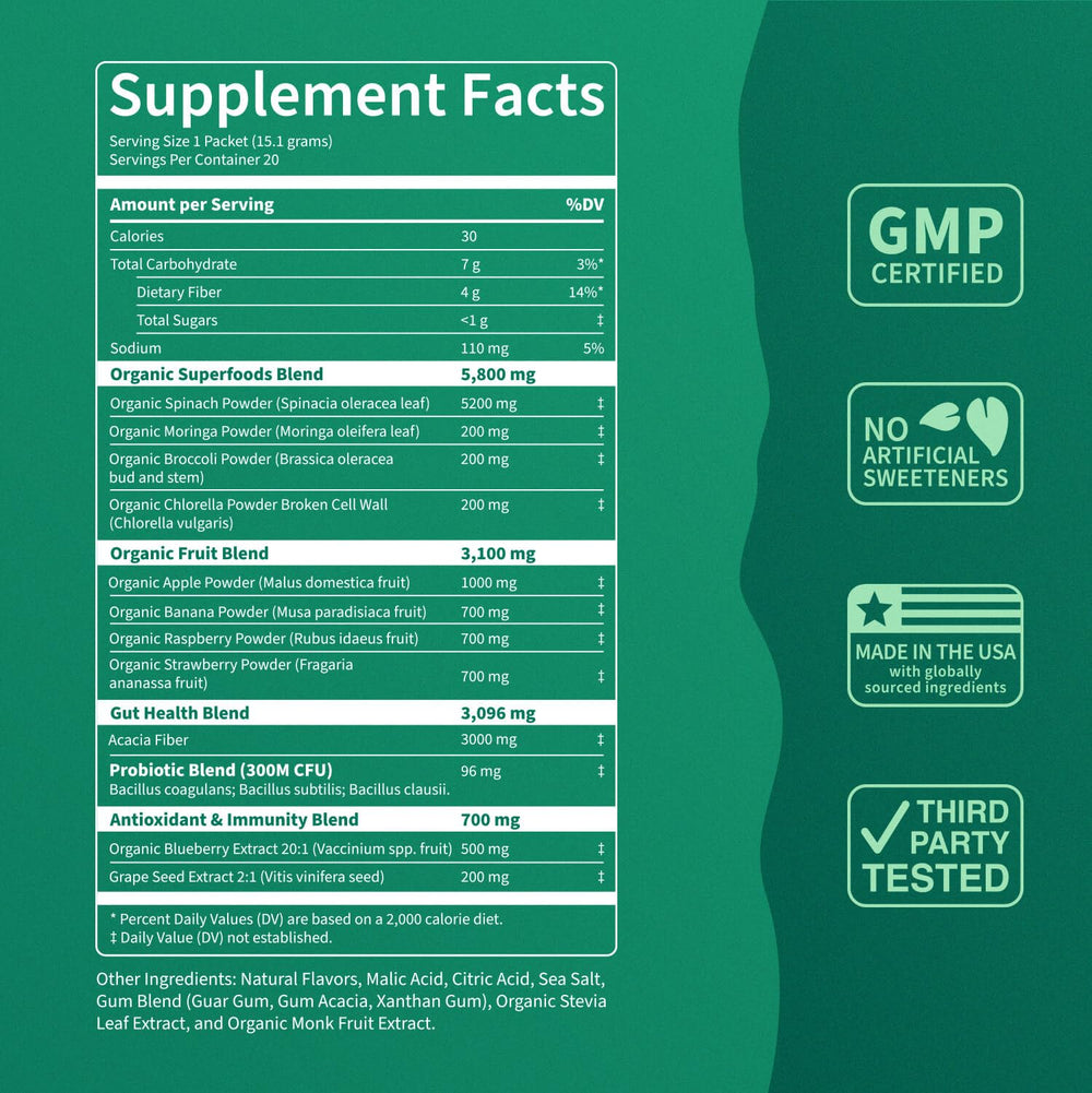 Probiotic blend and core nutrients in Nello Supergreens Apple Pear