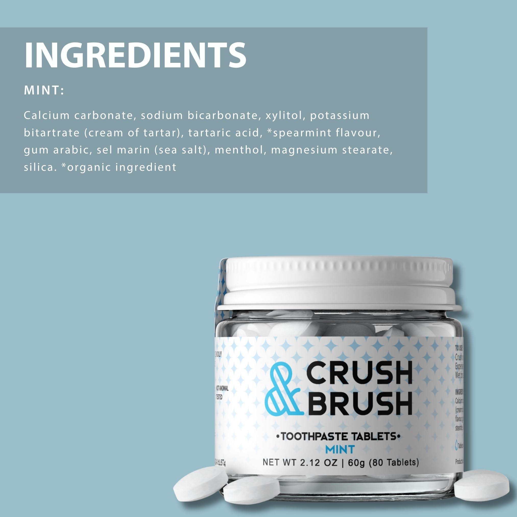 Glass jar with Crush & Brush Mint toothpaste tablets displayed