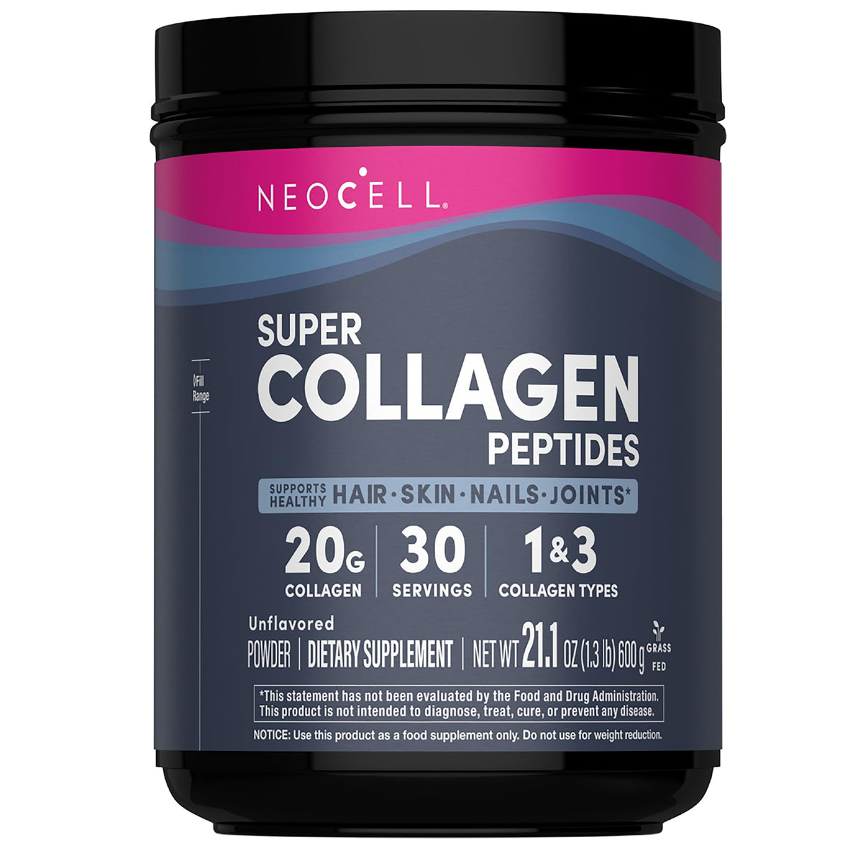 Front view of NeoCell Super Collagen Peptides unflavored 21.2 oz canister
