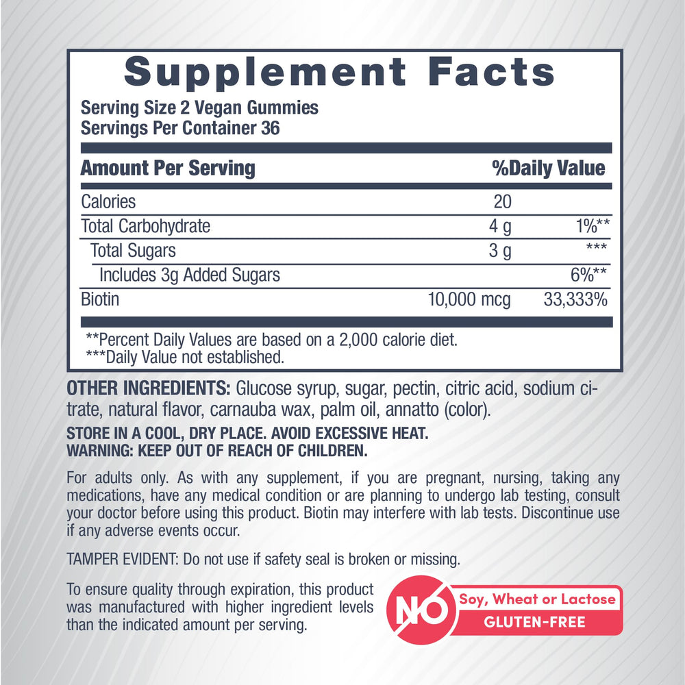 Nutrition facts for NeoCell Biotin 10000mcg Gummies
