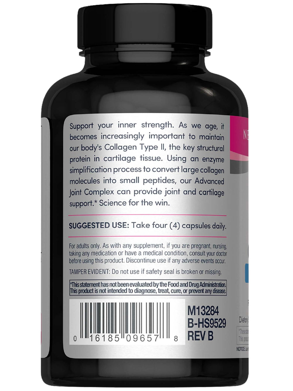 Ingredients panel highlighting collagen type 2 and hyaluronic acid