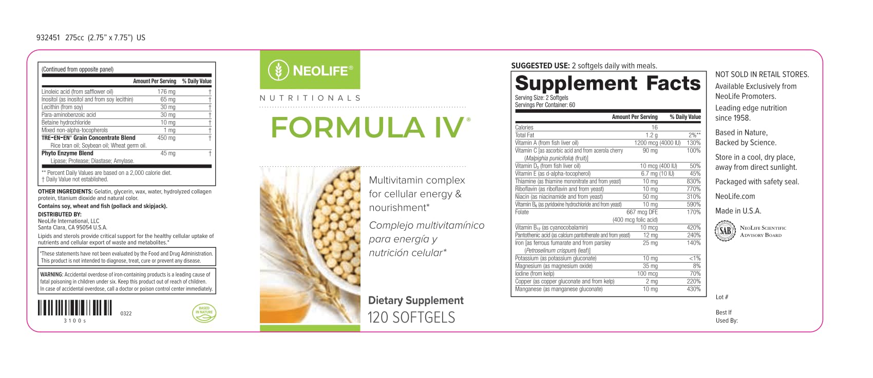 Nutritional facts and ingredients of NeoLife Formula IV Softgel