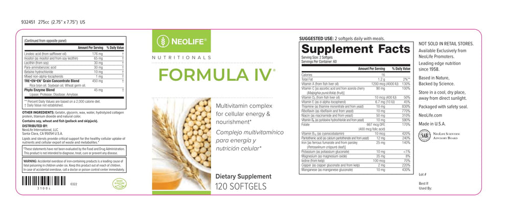 Nutritional facts and ingredients of NeoLife Formula IV Softgel