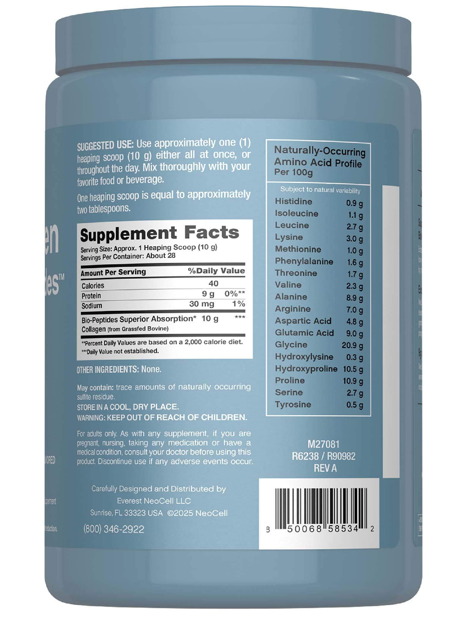 Side view of NeoCell Collagen Bio-Peptides Powder packaging