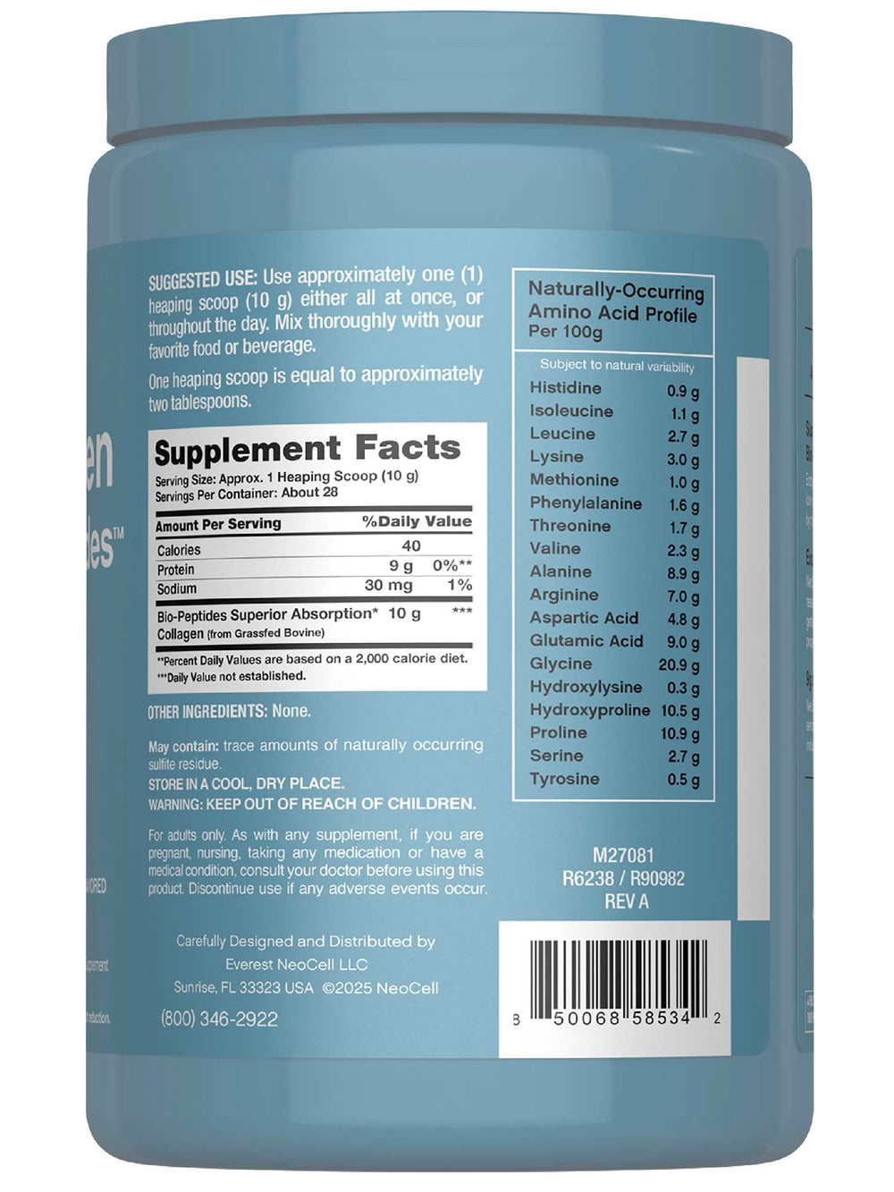 Side view of NeoCell Collagen Bio-Peptides Powder packaging