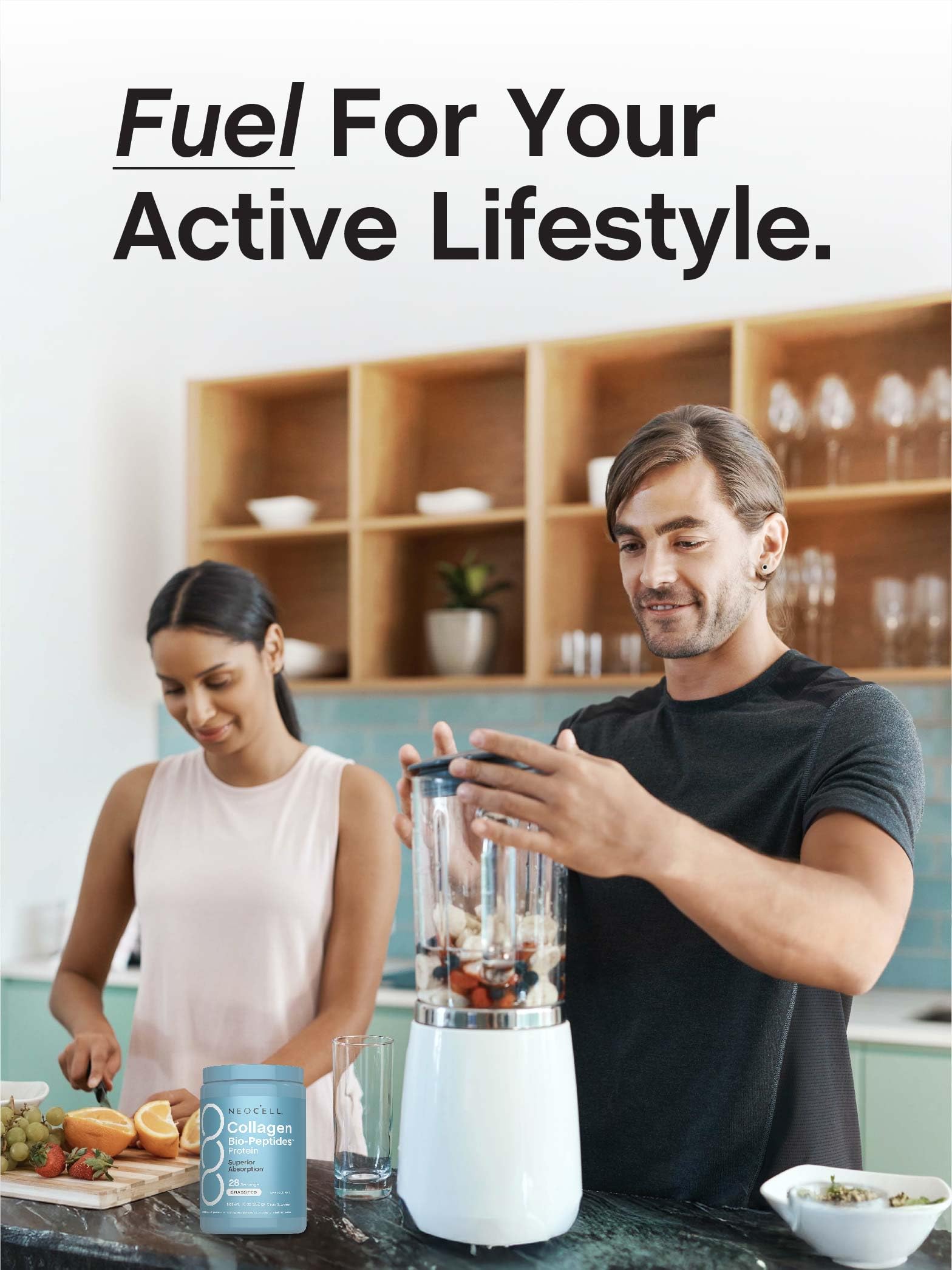 Close-up of NeoCell Collagen Bio-Peptides Powder packaging