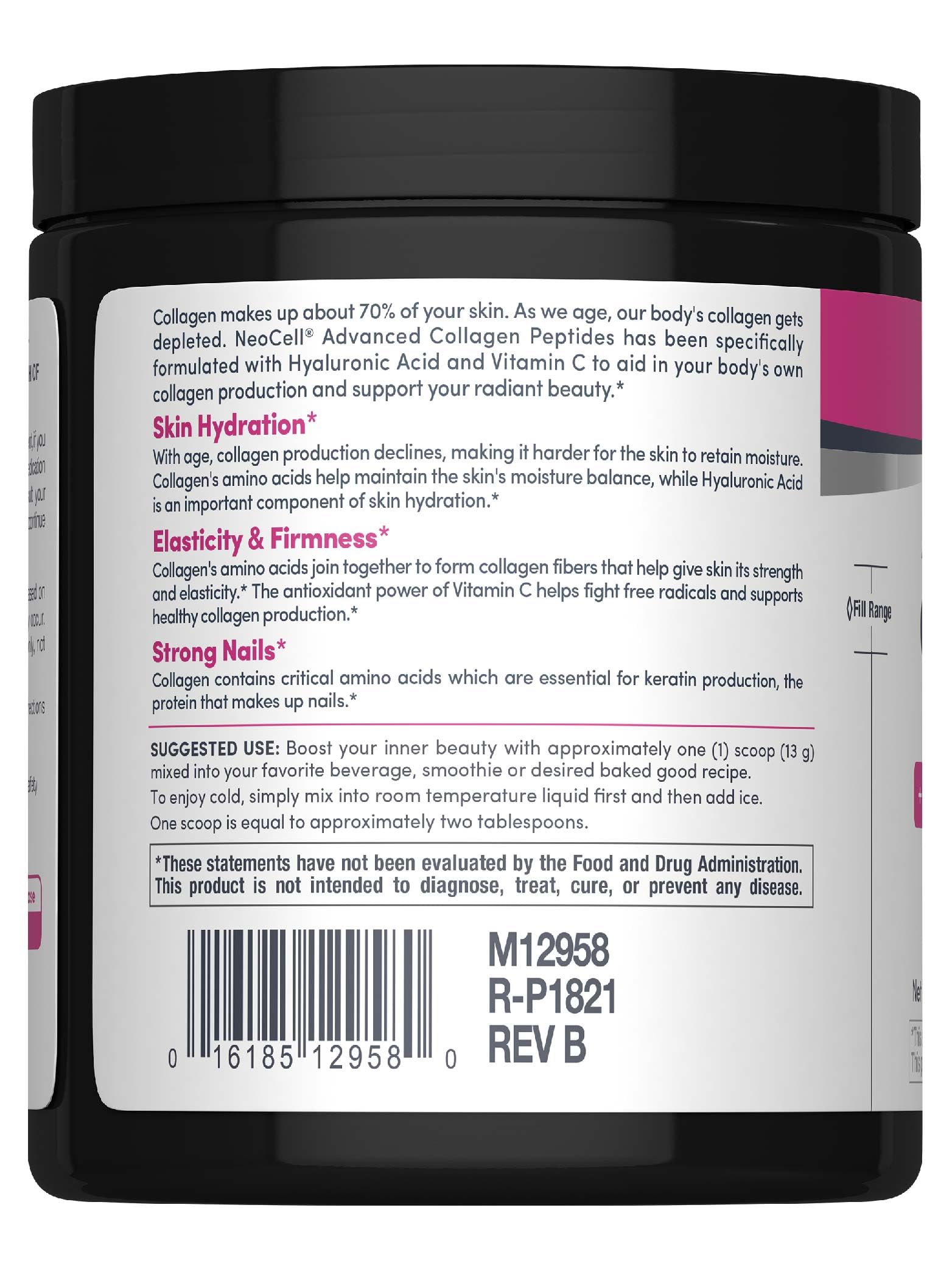 Collagen powder with hyaluronic acid and vitamin C ingredients