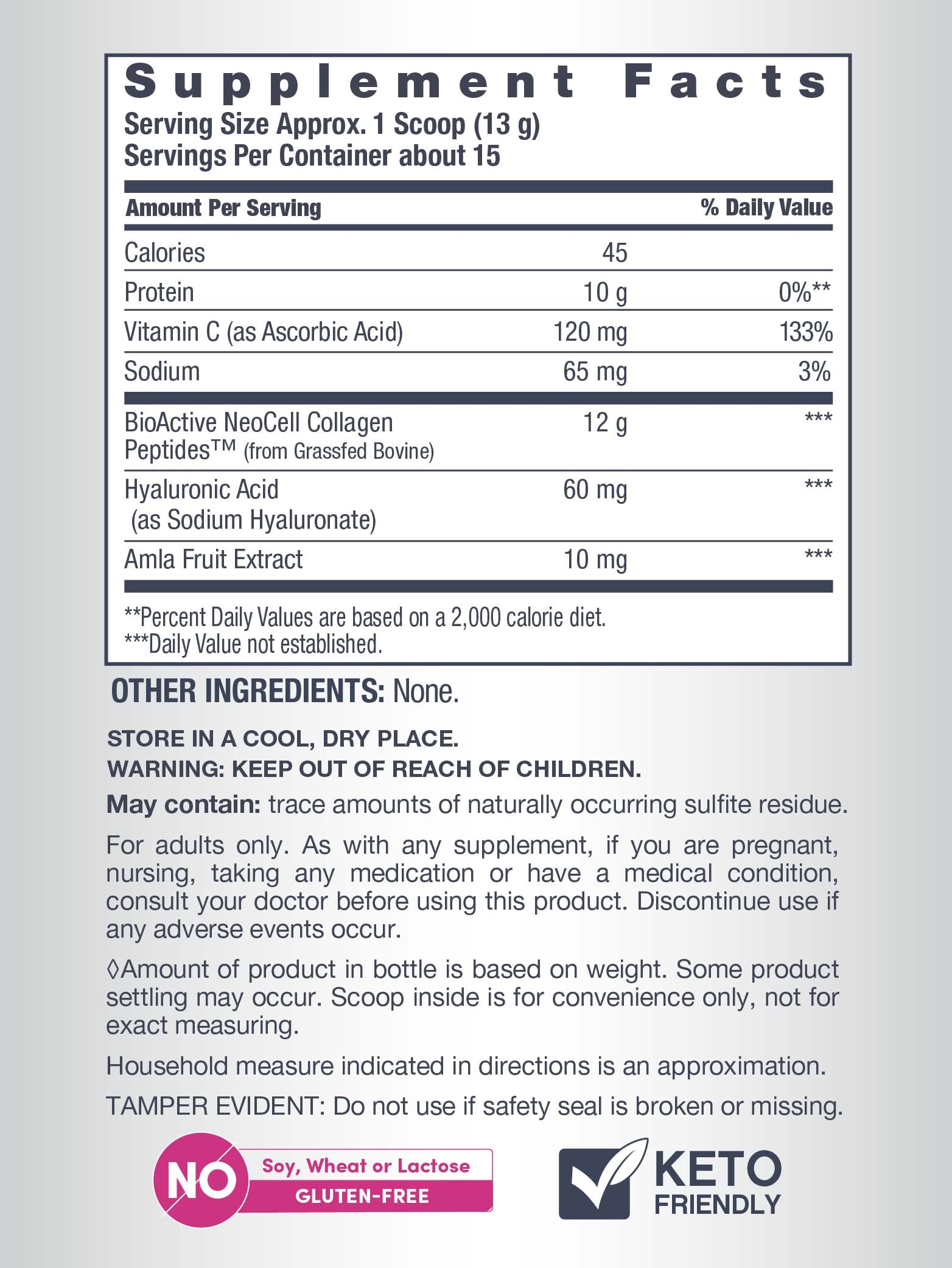 Ingredient panel showing collagen, hyaluronic acid and vitamin C