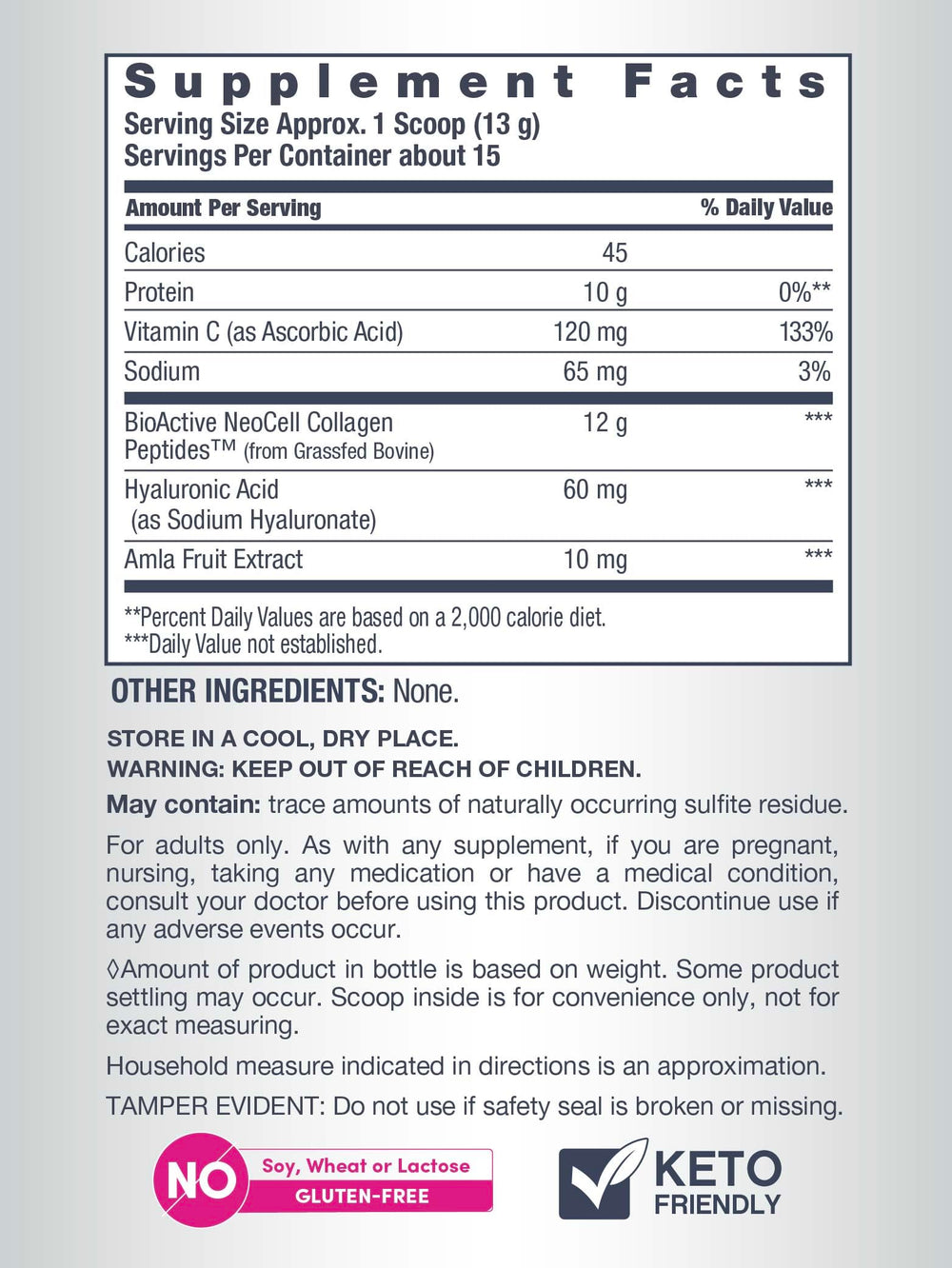 Ingredient panel showing collagen, hyaluronic acid and vitamin C