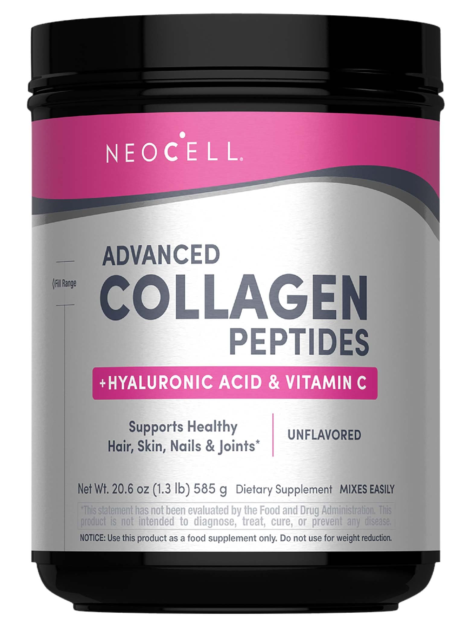 NeoCell Super Collagen Powder bottle label with Vitamin C and Hyaluronic Acid