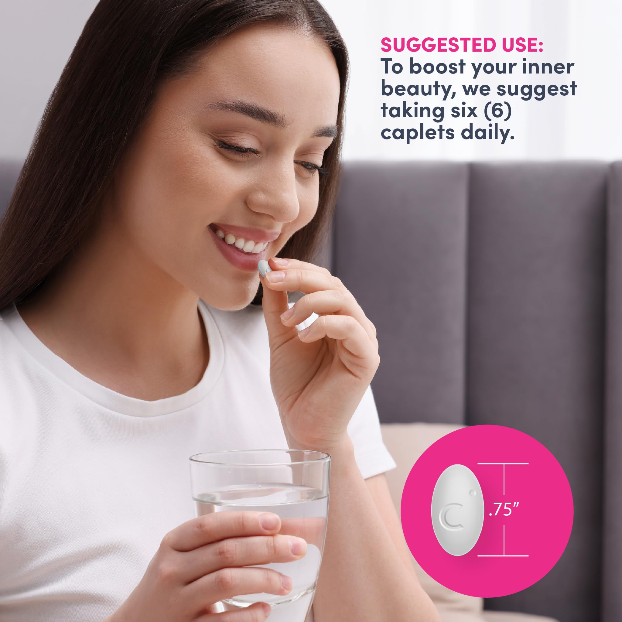 Illustration showing six tablets daily recommended usage