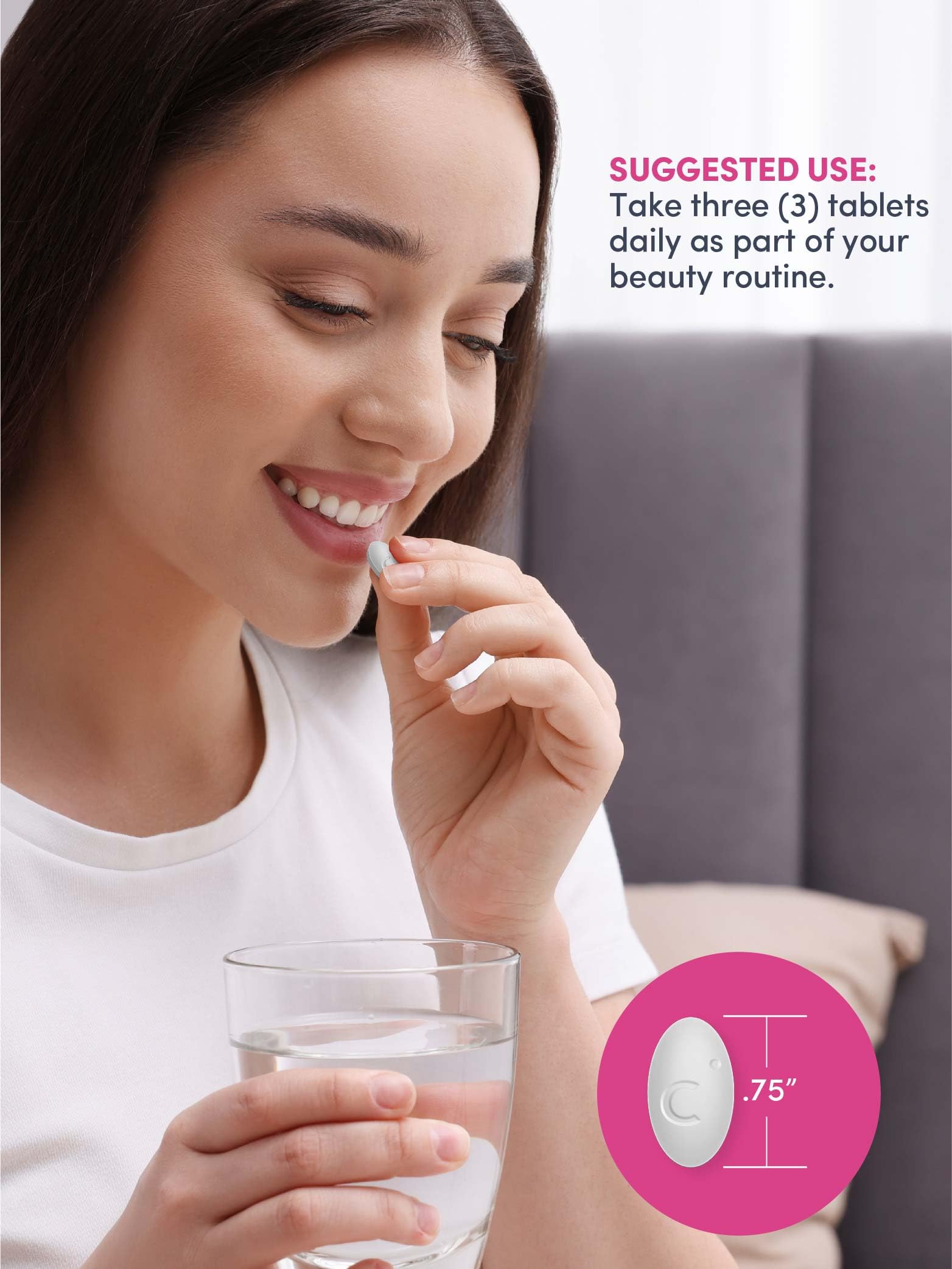 Serving suggestion showing three tablets per day