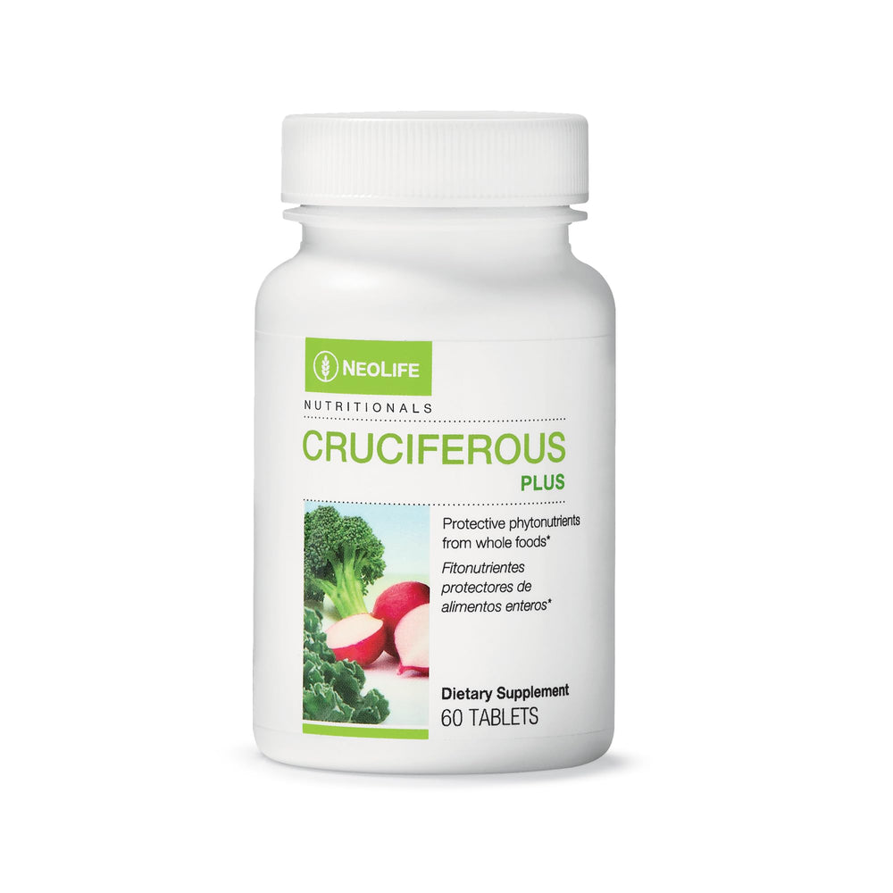 NeoLife Cruciferous Plus bottle with 60 green-nutrient tablets