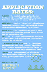 Neptune's Harvest label on fertilizer packaging highlighting the 2-3-1 formula and bloom benefits.