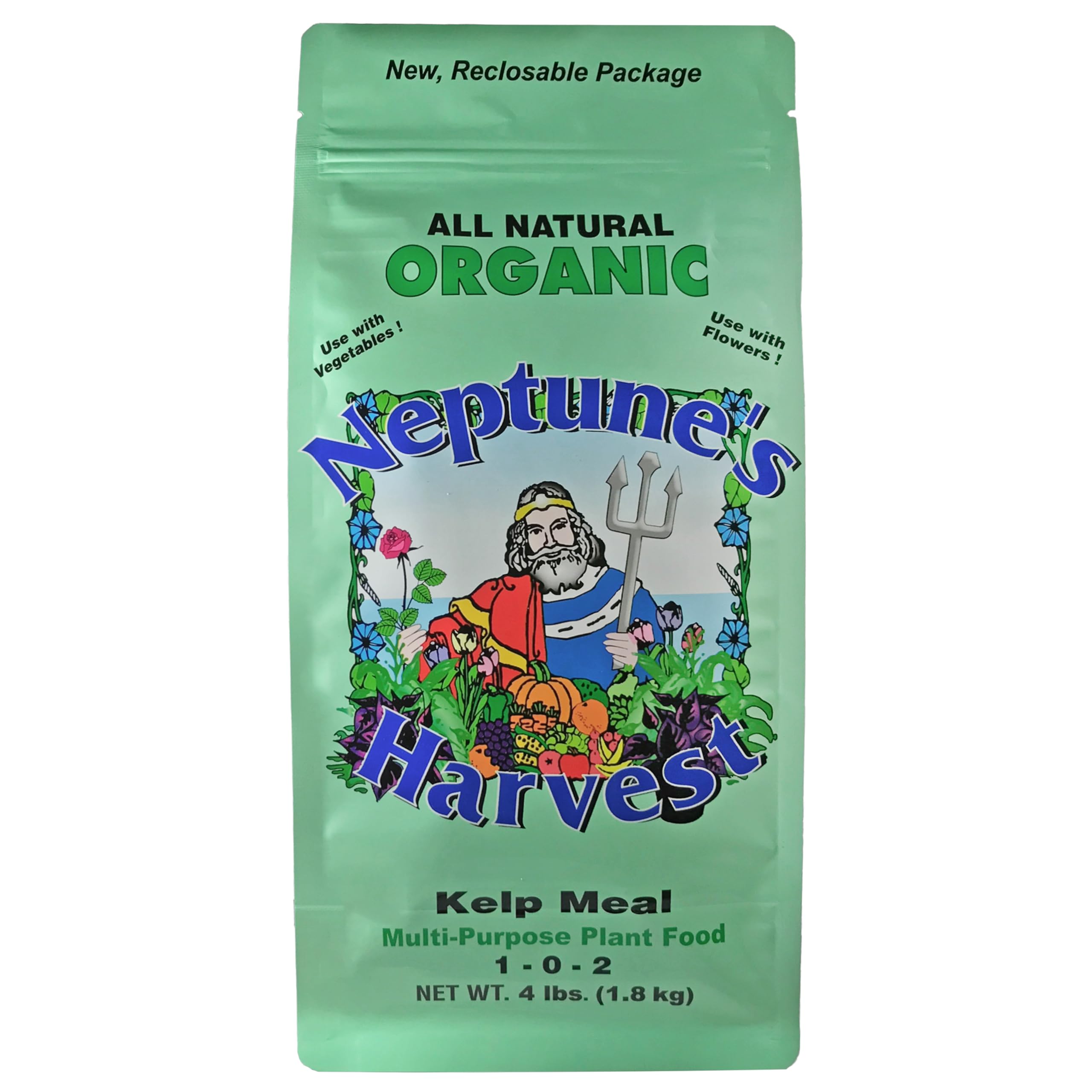 Neptune's Harvest Kelp Meal bag close-up showing organic soil conditioner for gardens