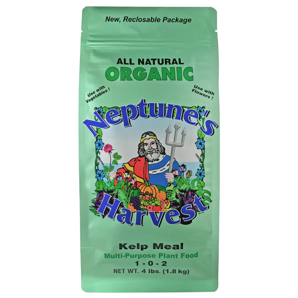 Neptune's Harvest Kelp Meal bag close-up showing organic soil conditioner for gardens