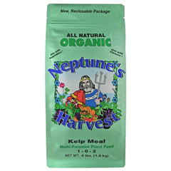 Neptune's Harvest Kelp Meal bag close-up showing organic soil conditioner for gardens