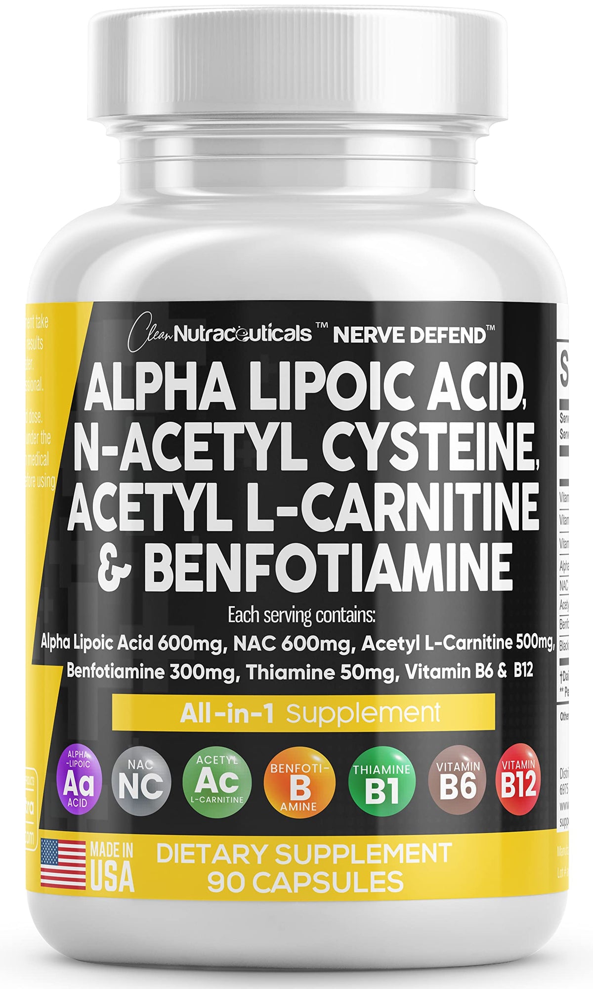 Front bottle of Nerve Defend with ALA 600mg, NAC 600mg, ALC 500mg, and Benfotiamine 300mg