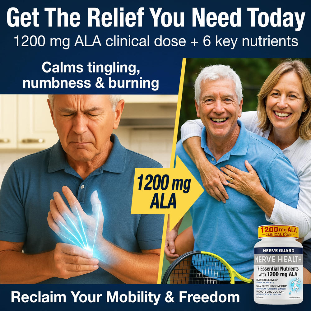 Nerve Guard ingredients including ALA, B vitamins, magnesium, turmeric and ginger