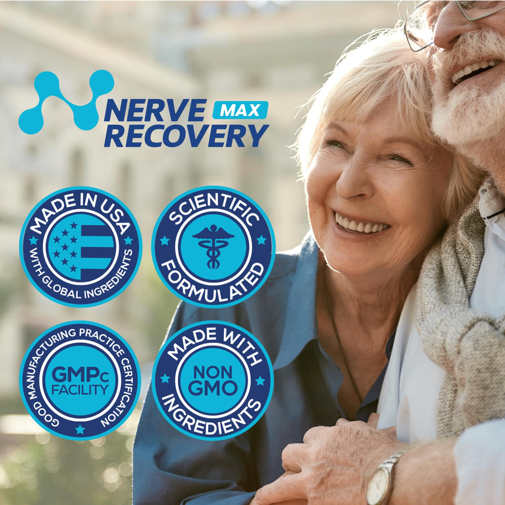 Nerve Recovery Max 30-day supply beside a glass of water