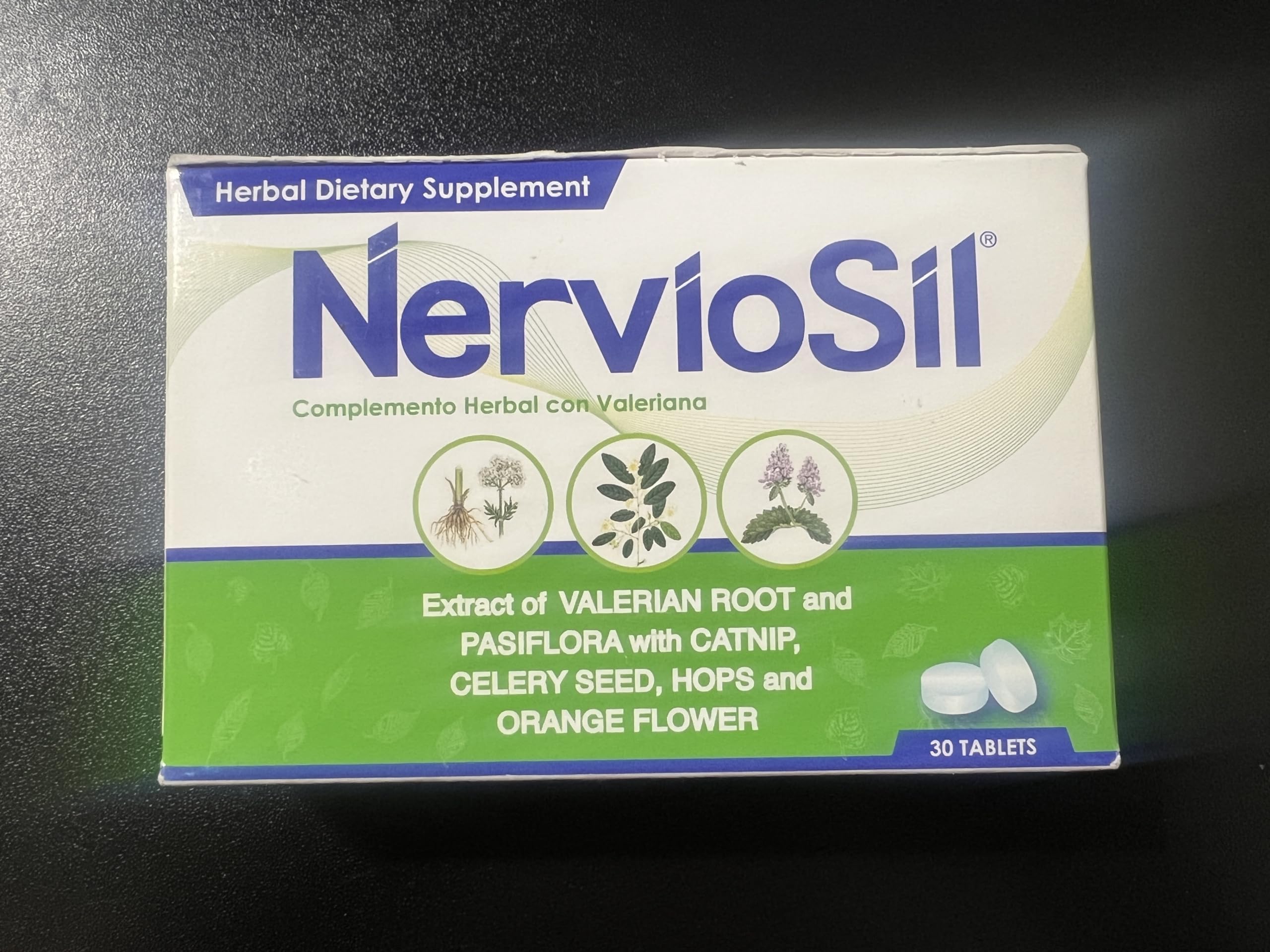 Bottle of Nerviosil Herbal Supplement 30 Tablets
