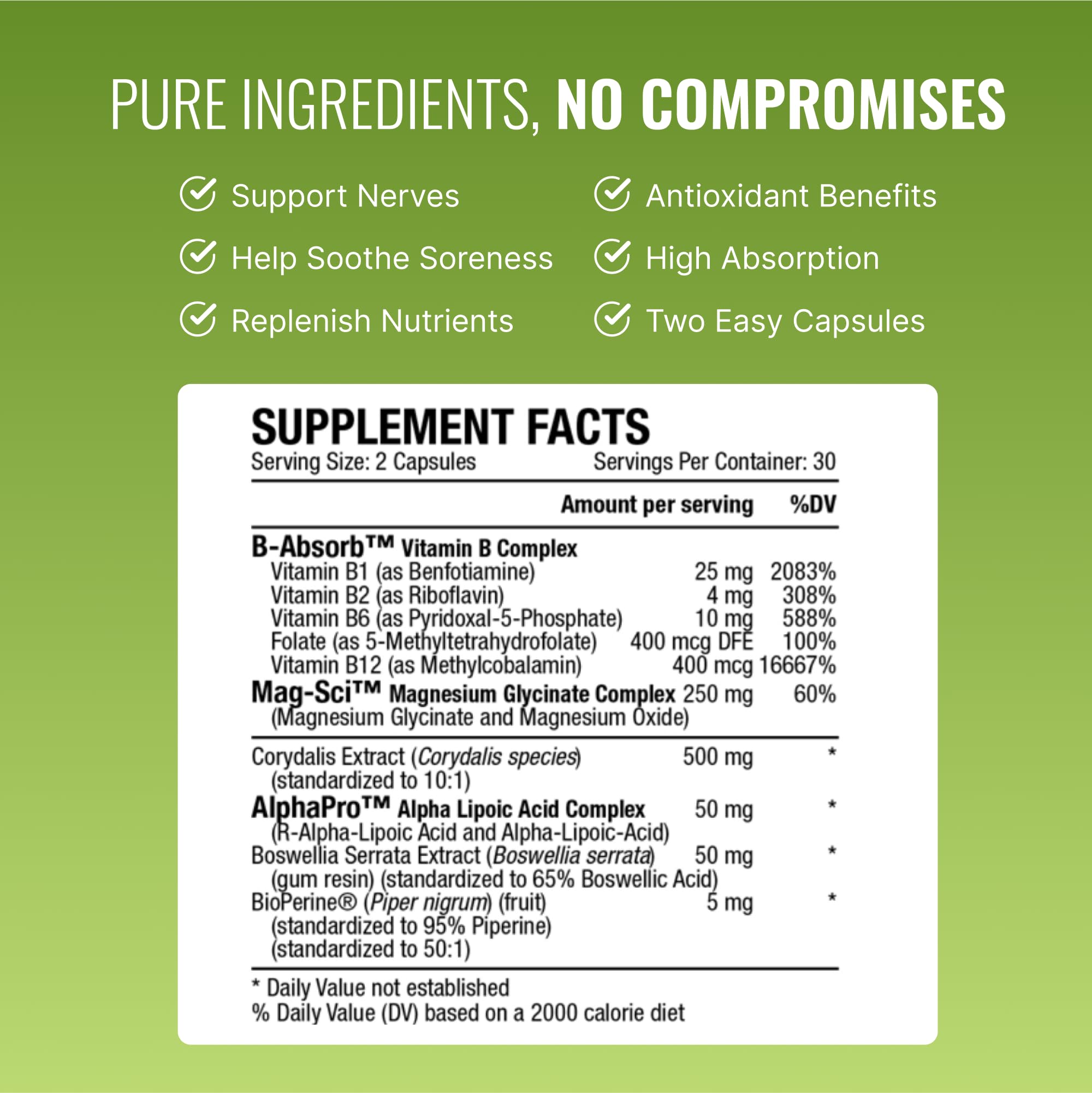 Nervprin blends: B-Absorb Vitamin B Complex, Mag-Sci Magnesium Complex, AlphaPro Alpha Lipoic Acid Complex