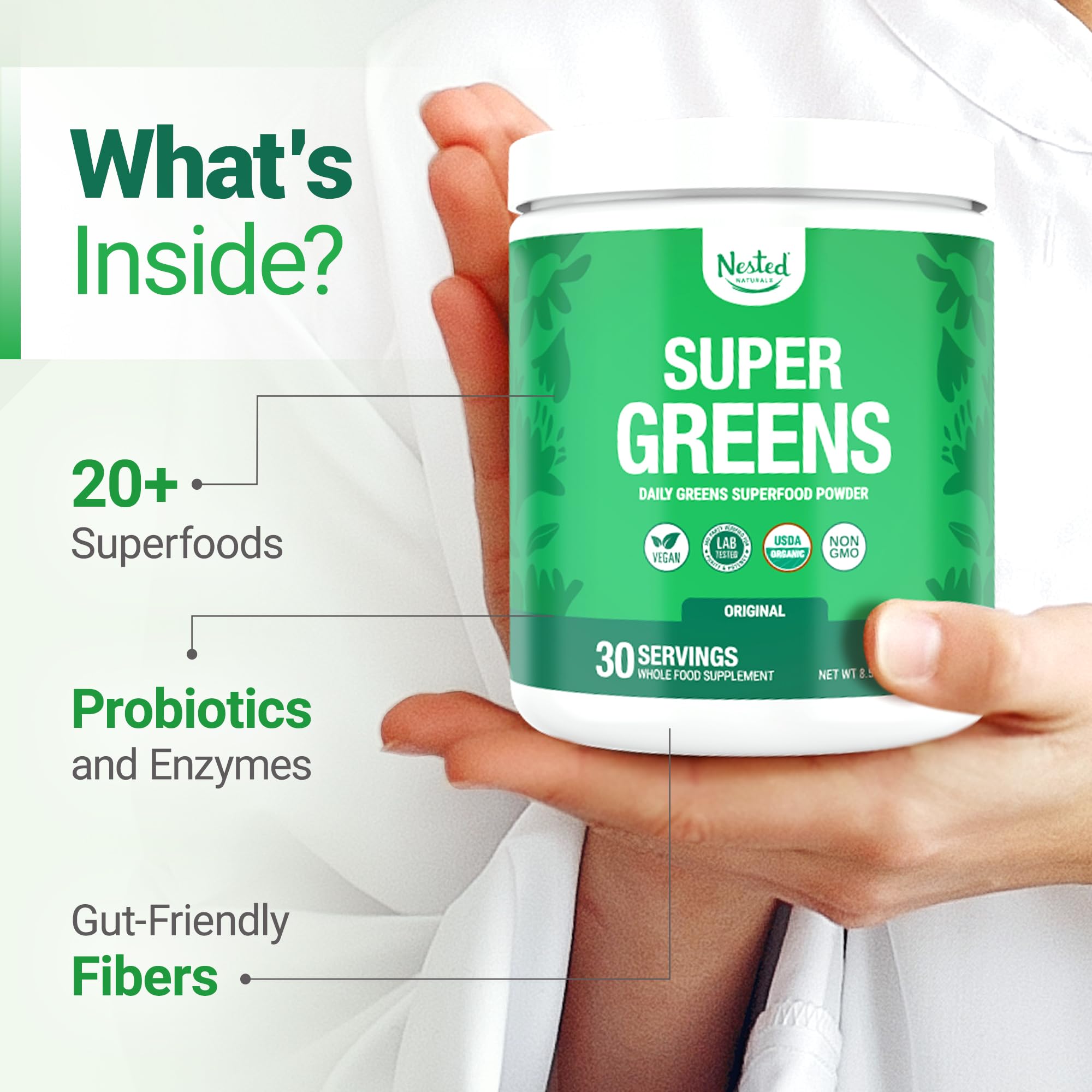 Graphic of spirulina, chlorella and other greens used in Super Greens