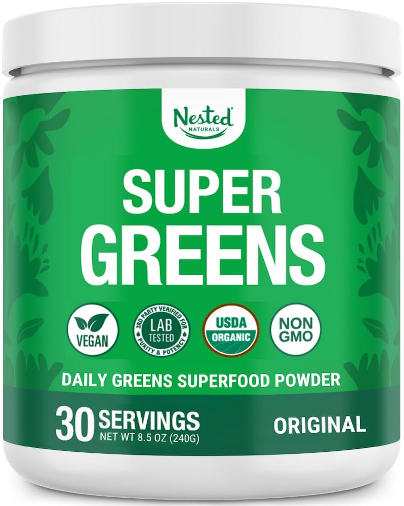 Nested Naturals Super Greens packshot in a white tub