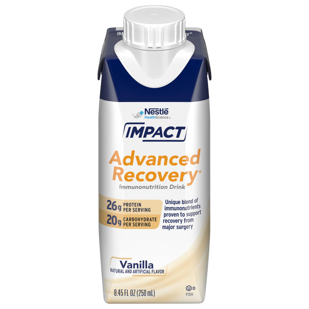 Front view of Nestlé IMPACT Advanced Recovery Immunonutrition Vanilla drink carton