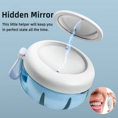 Magnetic hidden mirror and dual-head brush for cleaning dentures
