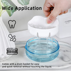 Portable denture cup with drain basket separating denture and tray