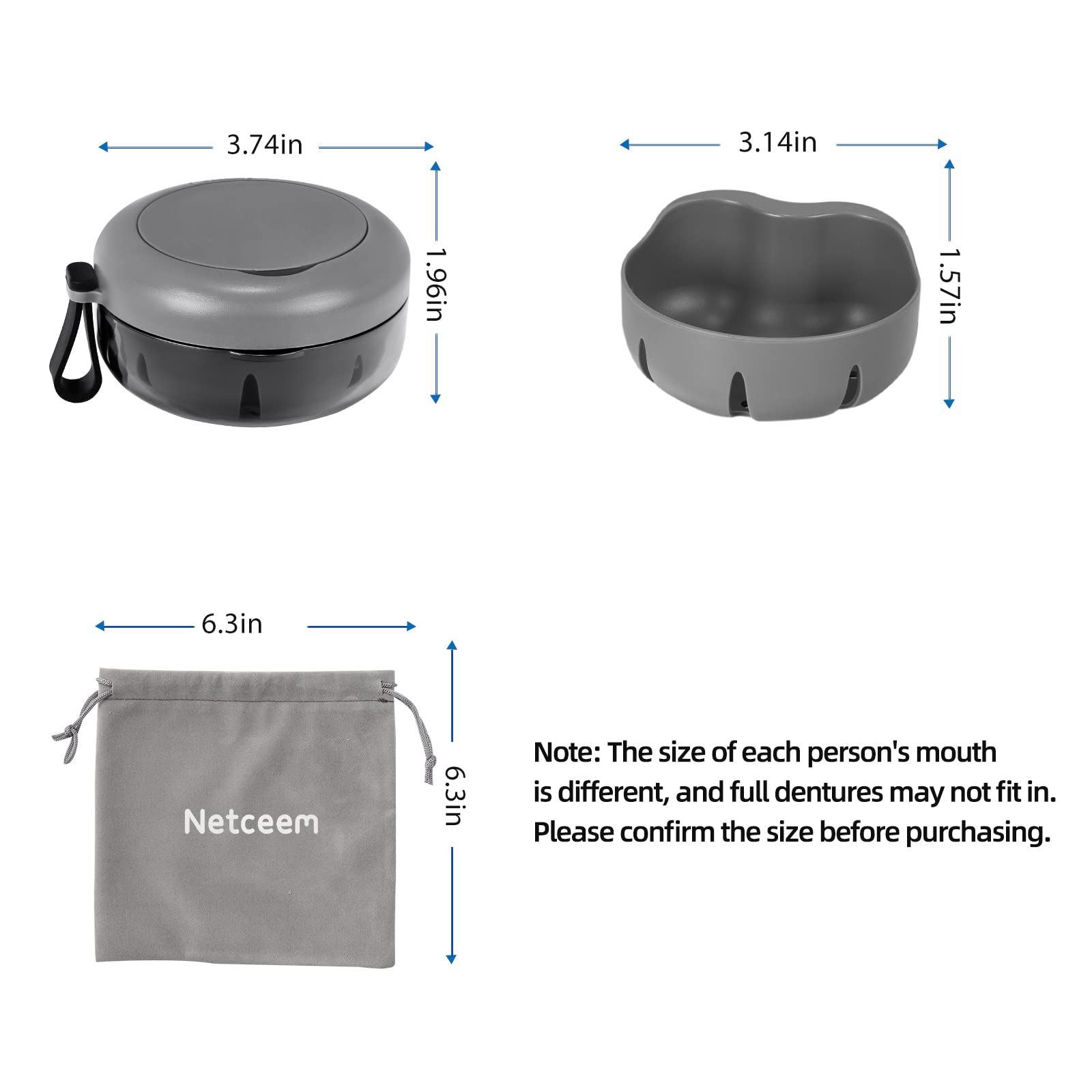Compact portable denture case size 3.74 x 3.74 x 1.96 inches