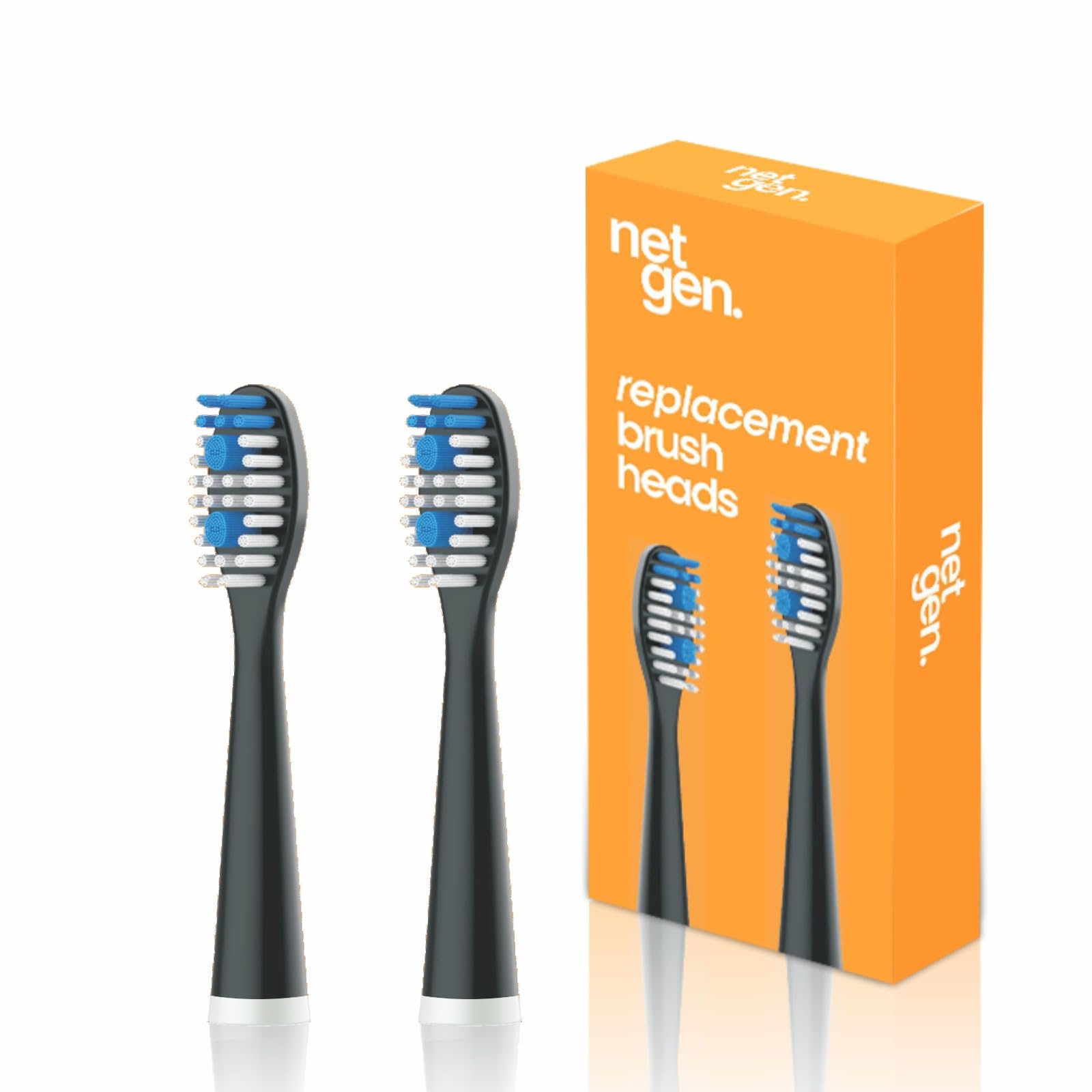 NetGen replacement sonic toothbrush heads in black, 2-pack - front view