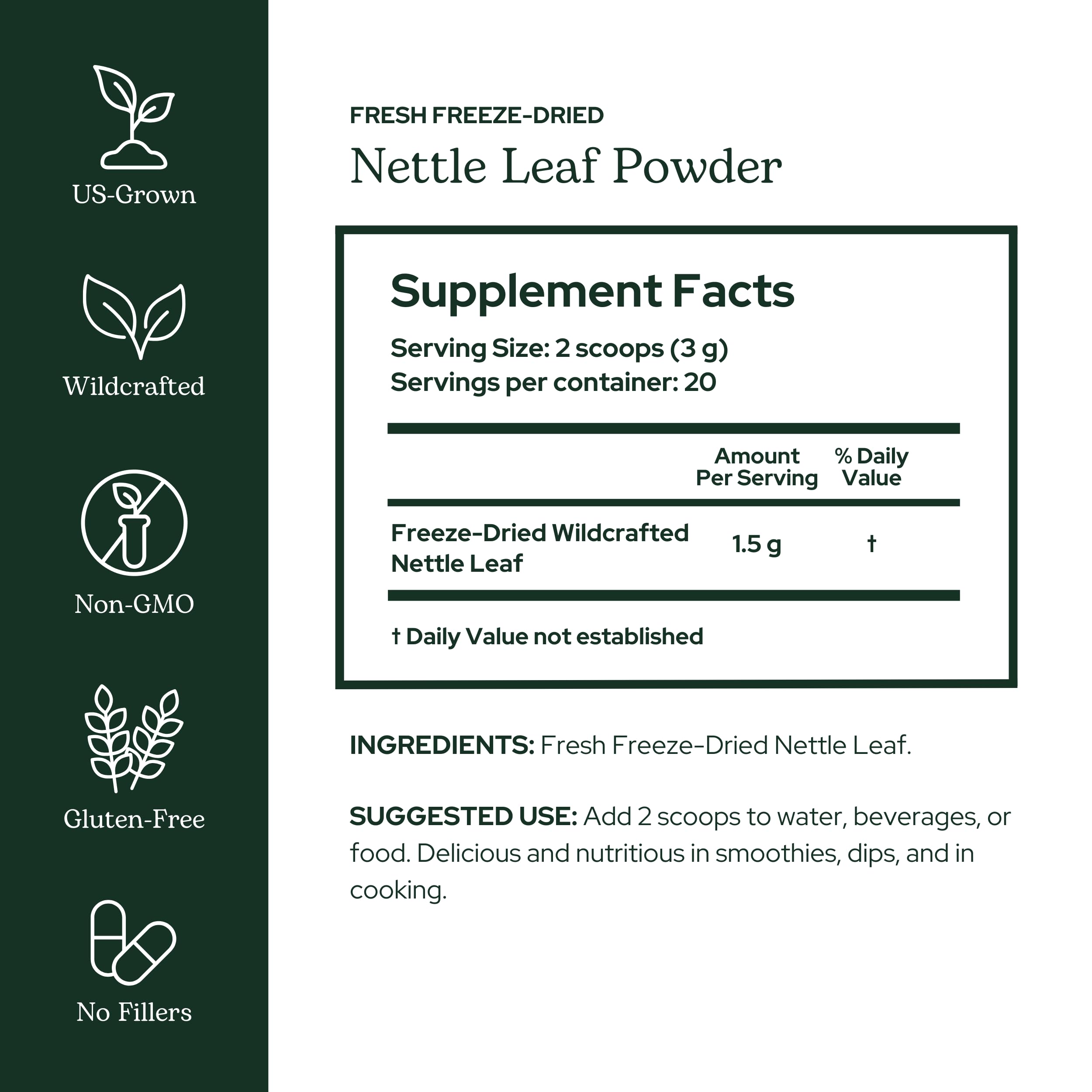 Close-up of nettle leaf powder indicating fine green powder for immune support.