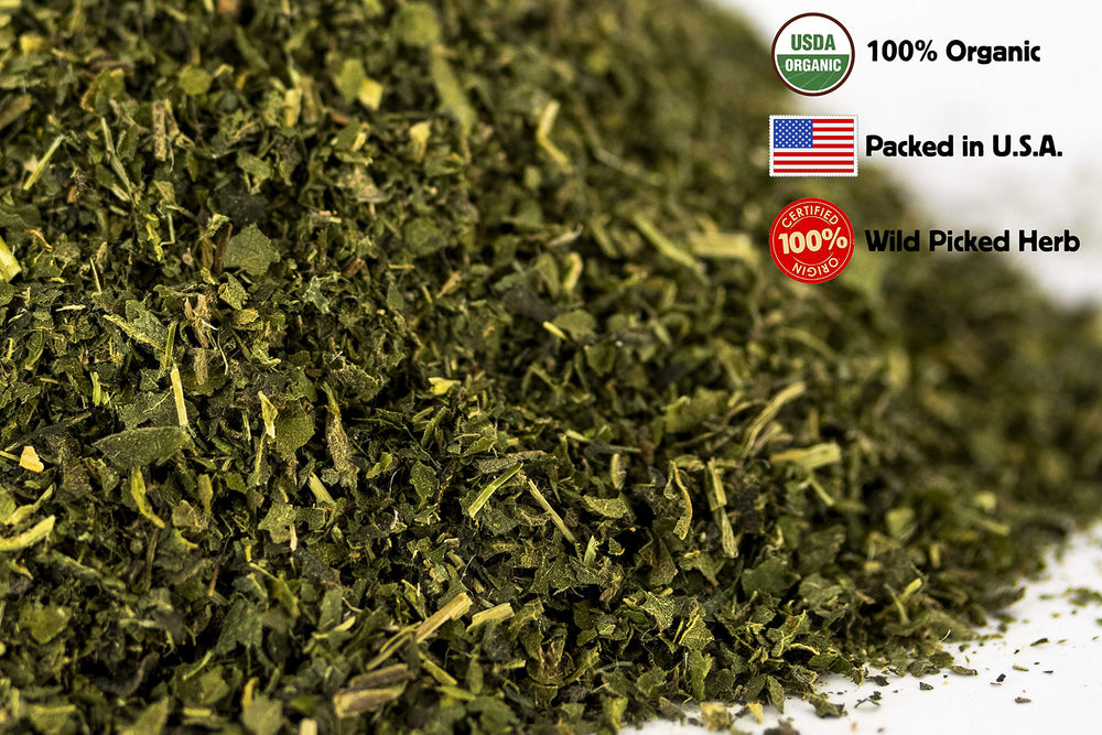 Close-up of dried nettle tea leaves