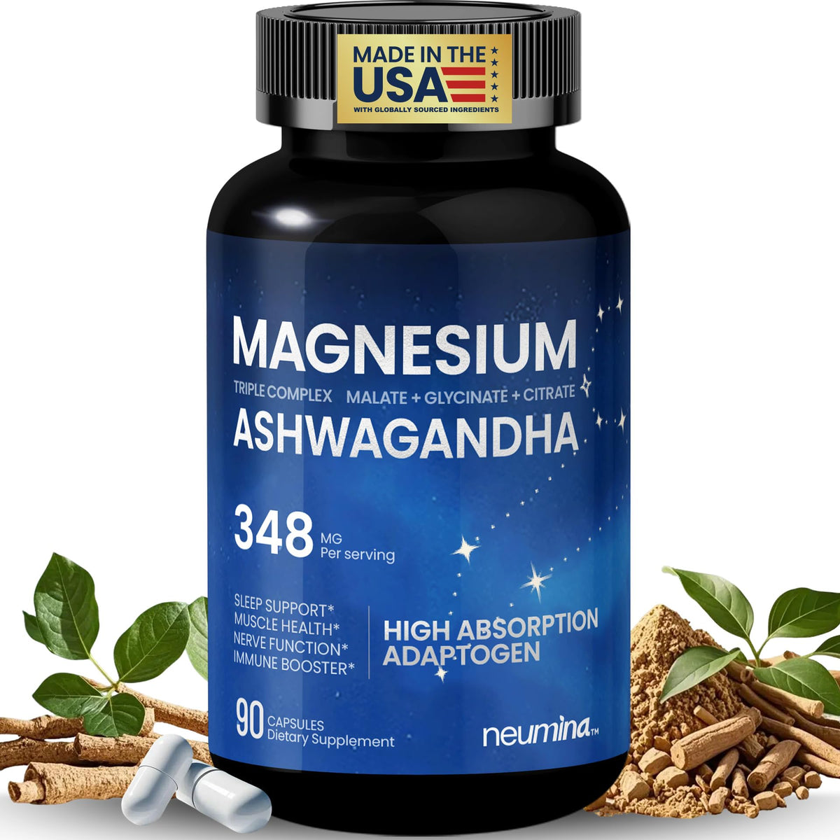 Neumina Magnesium Ashwagandha Complex bottle on white background