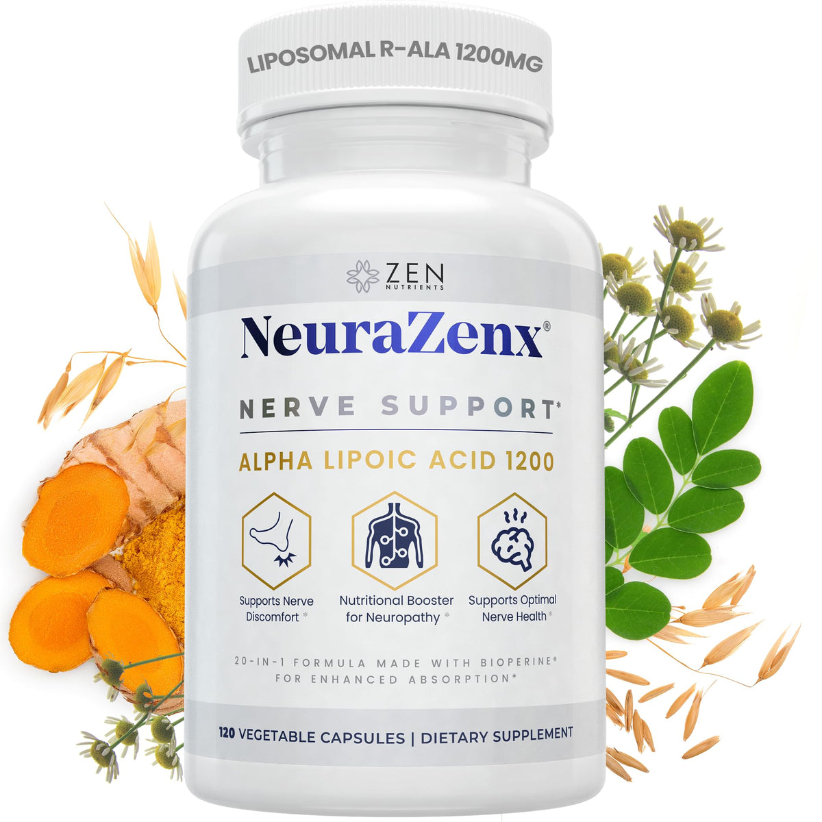 Zen Nutrients NeuraZenX bottle showcasing nerve support ingredients including ALA, benfotiamine, L-carnitine, and turmeric