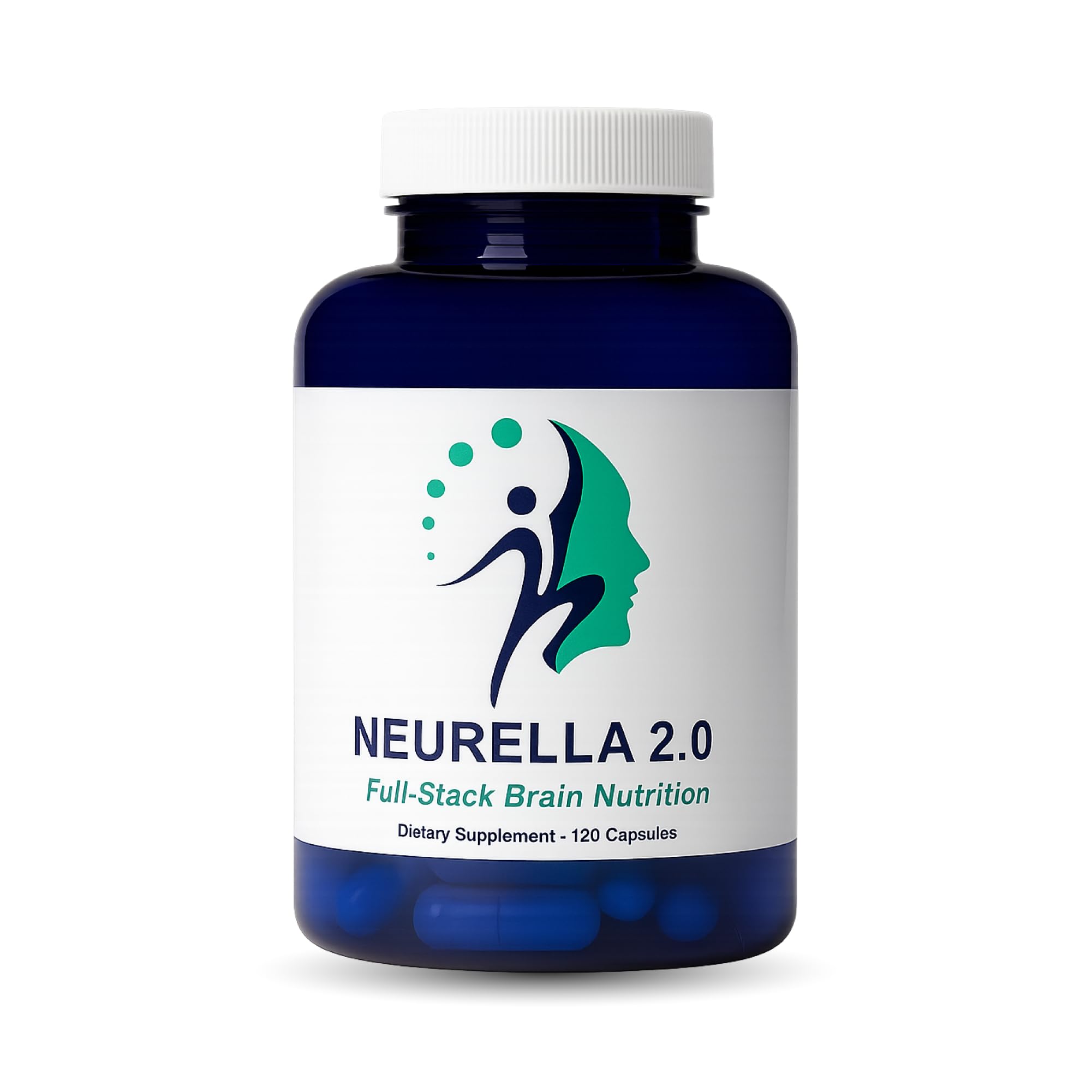 Neurella 2.0 brain supplement bottle with 120 capsules on a white background