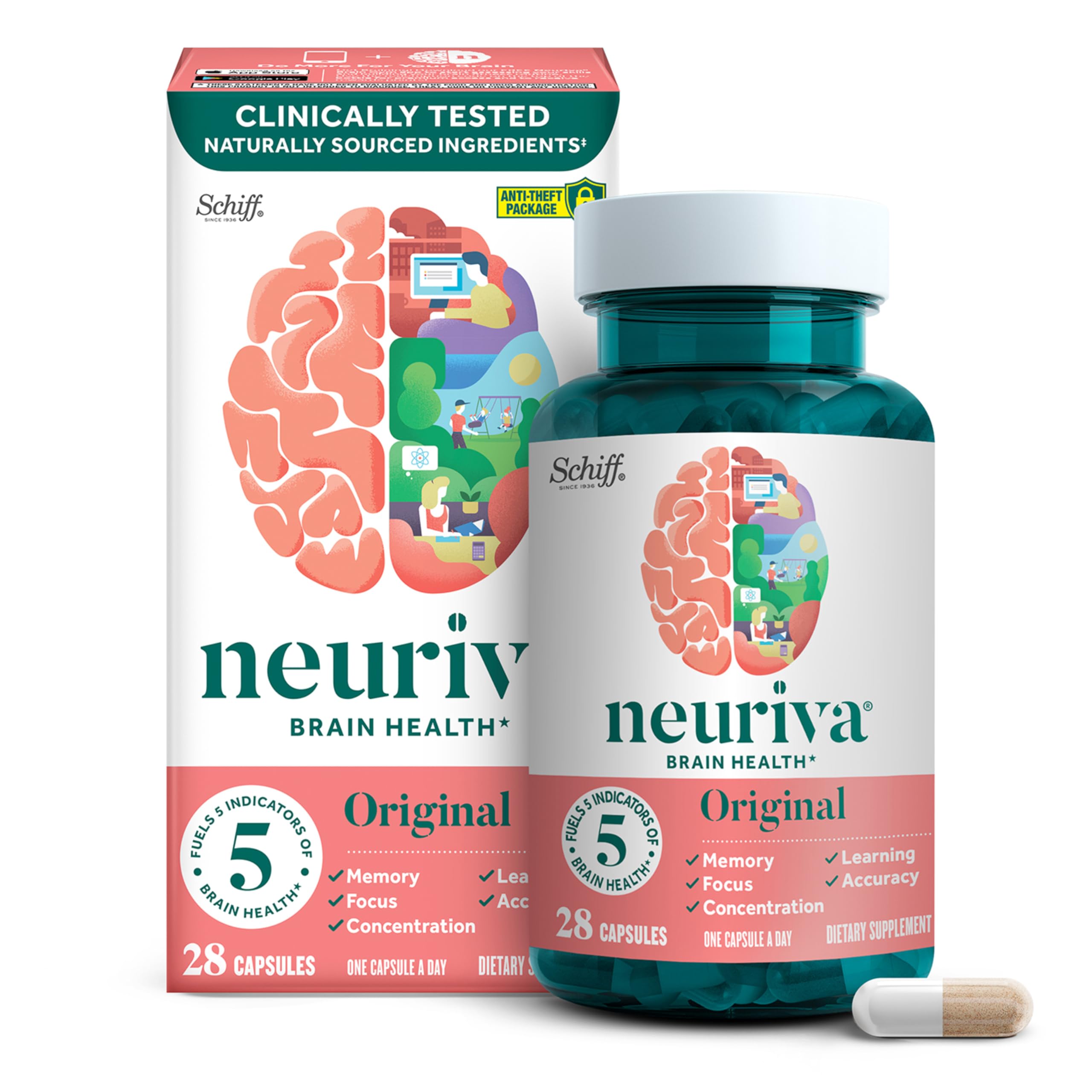 NEURIVA Original bottle closeup showing decaf formula for calm focus.