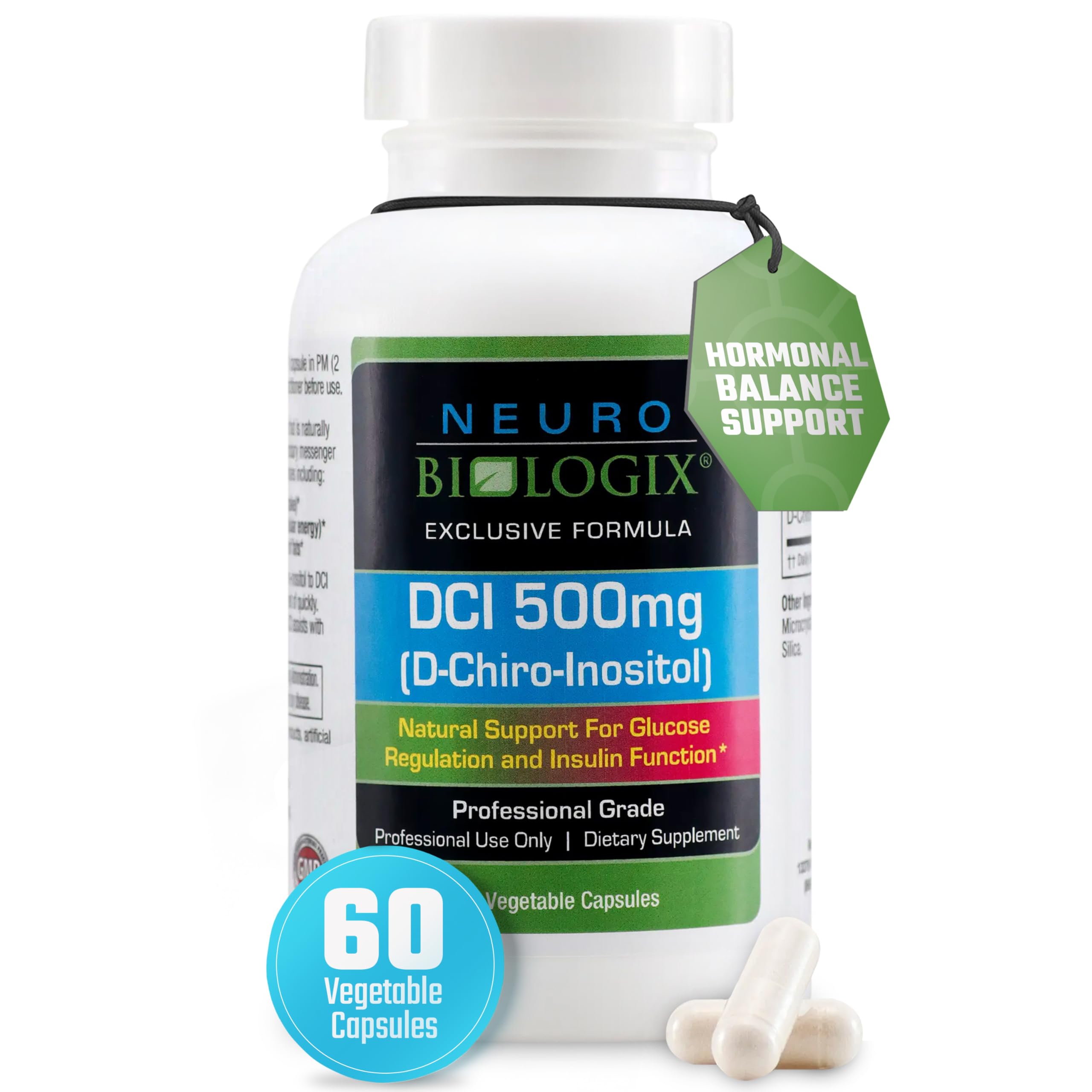 Front view of Neuro Biologix D-Chiro Inositol 500mg bottle with 60 vegetable capsules