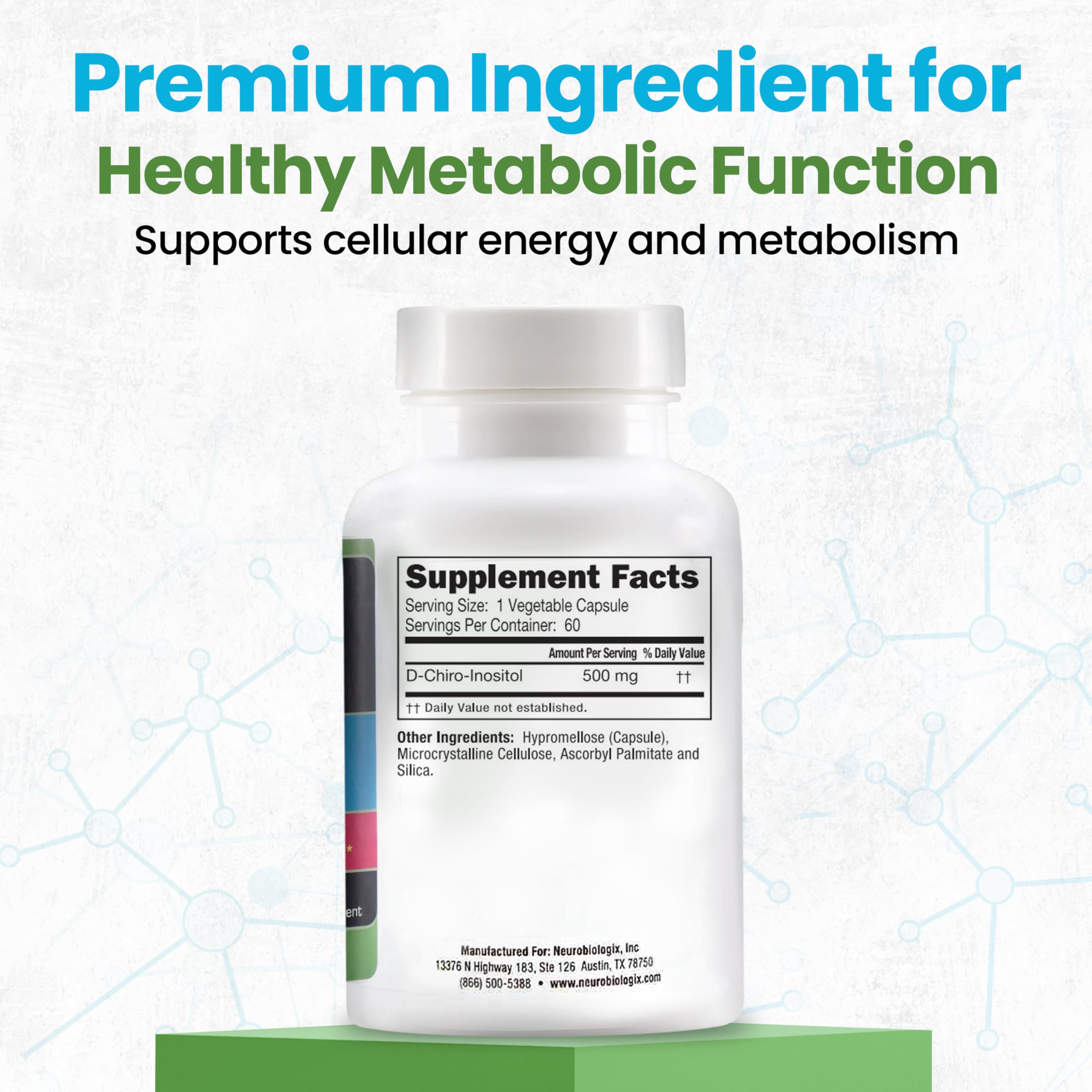 Side view of Neuro Biologix D-Chiro Inositol 500mg bottle