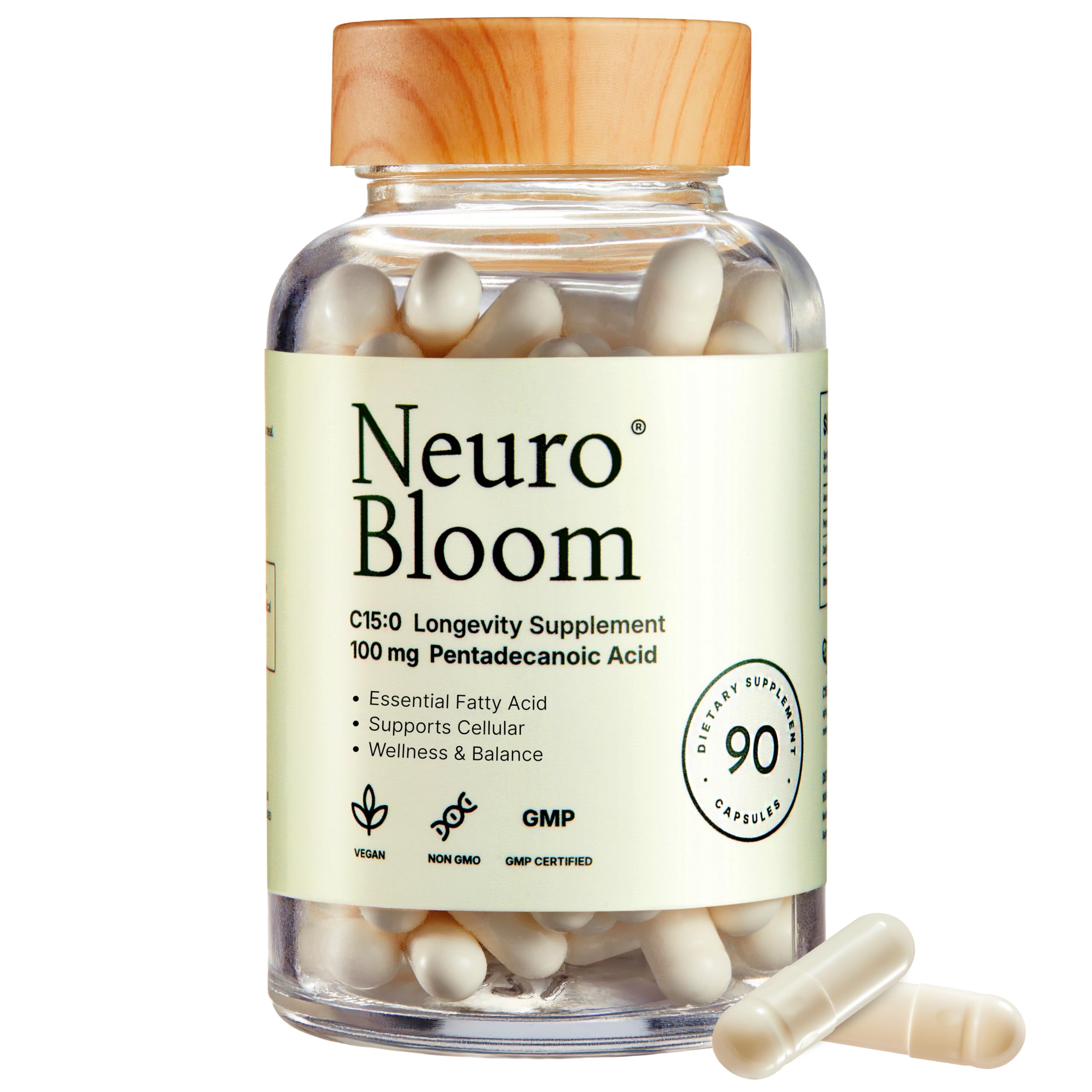 Neuro Bloom C15:0 pentadecanoic acid vegan capsules bottle on white background