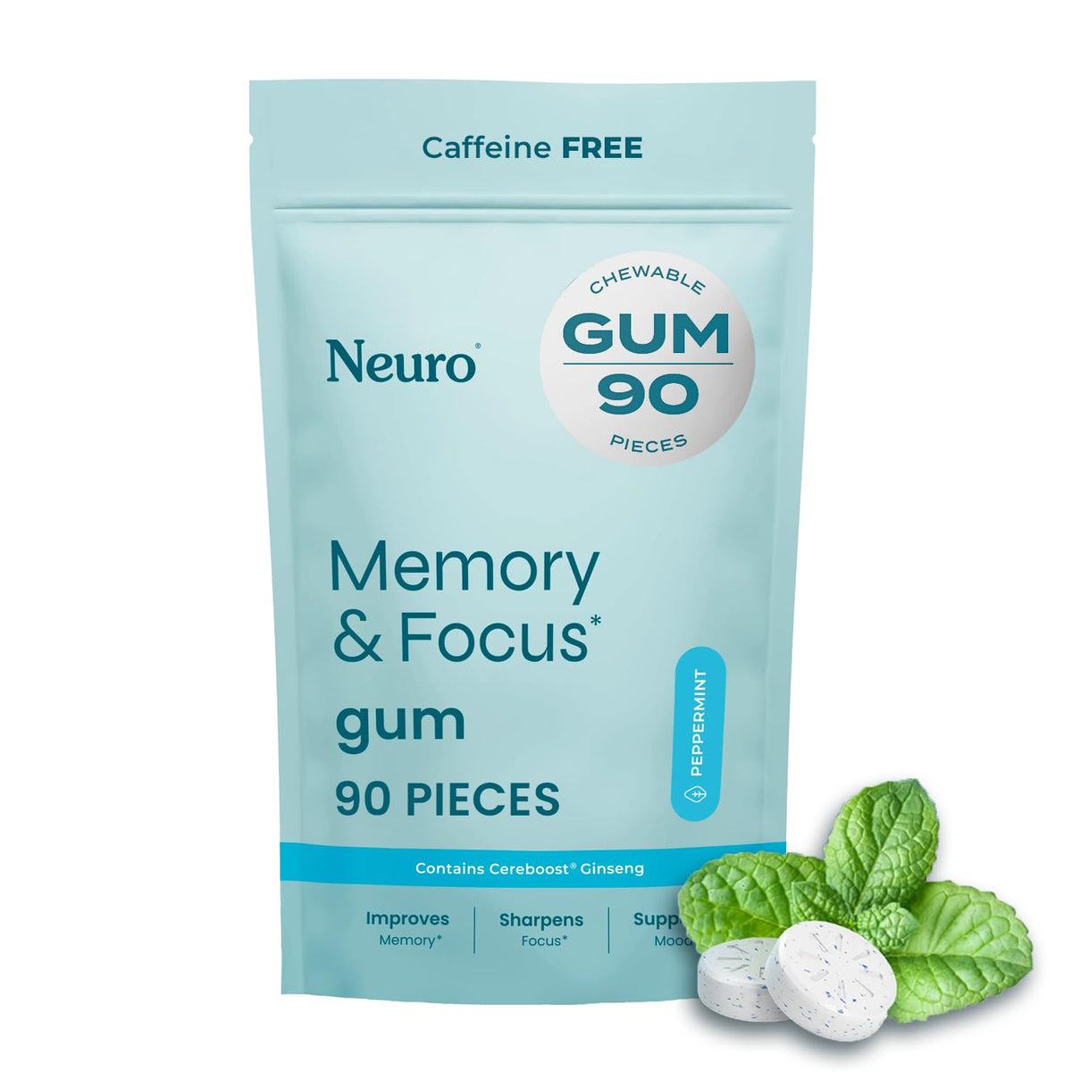 Neuro Memory and Focus Gum peppermint flavor 90 pieces packaging